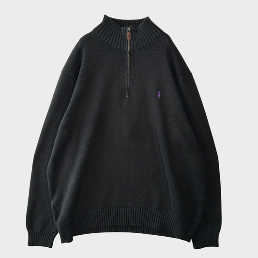90's Polo by Ralph Lauren ラルフローレン "EXCLUSIVE OF DECORATION"ハーフジップ コットンニット ブラック (XL)/A7603K-SO