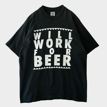 90's FRUIT OF THE LOOM "WILL WORK FOR BEER" Brew City アルコール メッセージTシャツ 黒 (XL)/B2738T-SO
