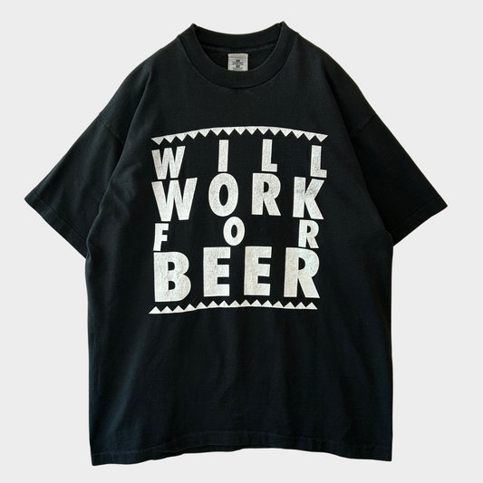 90's FRUIT OF THE LOOM "WILL WORK FOR BEER" Brew City アルコール メッセージTシャツ 黒 (XL)/B2738T-SO