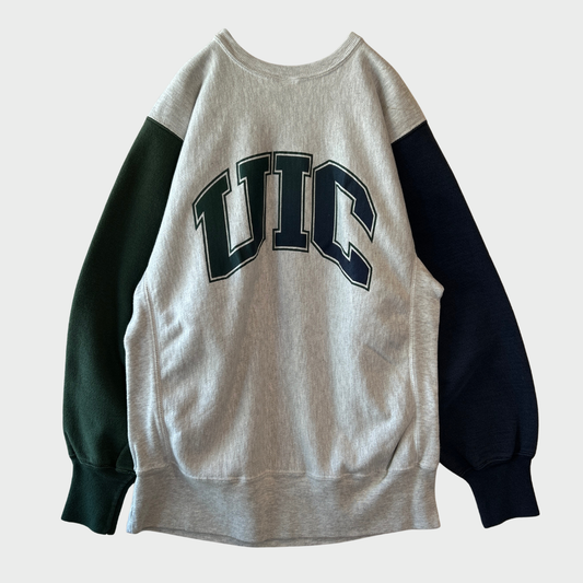 90's Champion Reverse Weave リバースウィーブ UIC 両面プリント カレッジスウェット クレイジーパターン (XL)/A8604R-SO