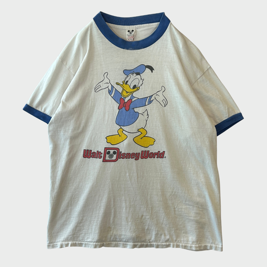 80's "Disney" ディズニー Donald Duck リンガーTシャツ 白 (XL)/B3702T-SO