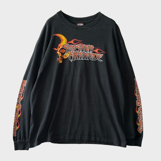 00's Harley-Davidson Sinister Attude 袖プリント ハーレーロングTシャツ 黒 (サイズ不明)/B3083T-SO