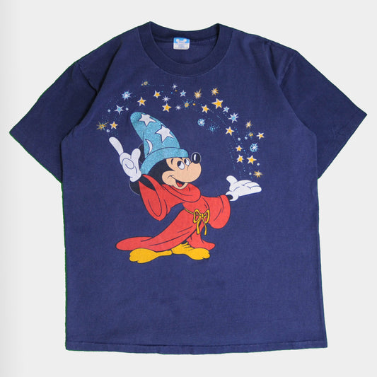 80's Disney FANTASIA ソーサラーミッキー Tシャツ 紺 (XL)/A4031T-SO