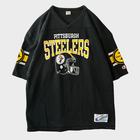 80's Champion チャンピオン トリコタグ NFL PITTSBURGH STEELERS フットボールTシャツ ブラック (XL) /A7469T-SO