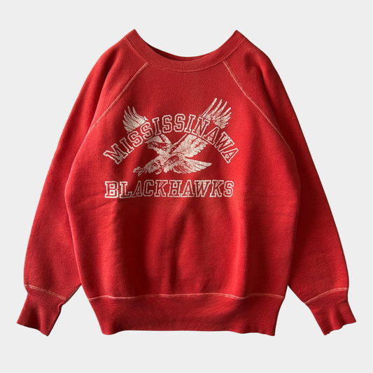 60's MISSISSINAWA BLACKHAWKS ラグランカレッジスウェット フェード 赤/C0627S-SO