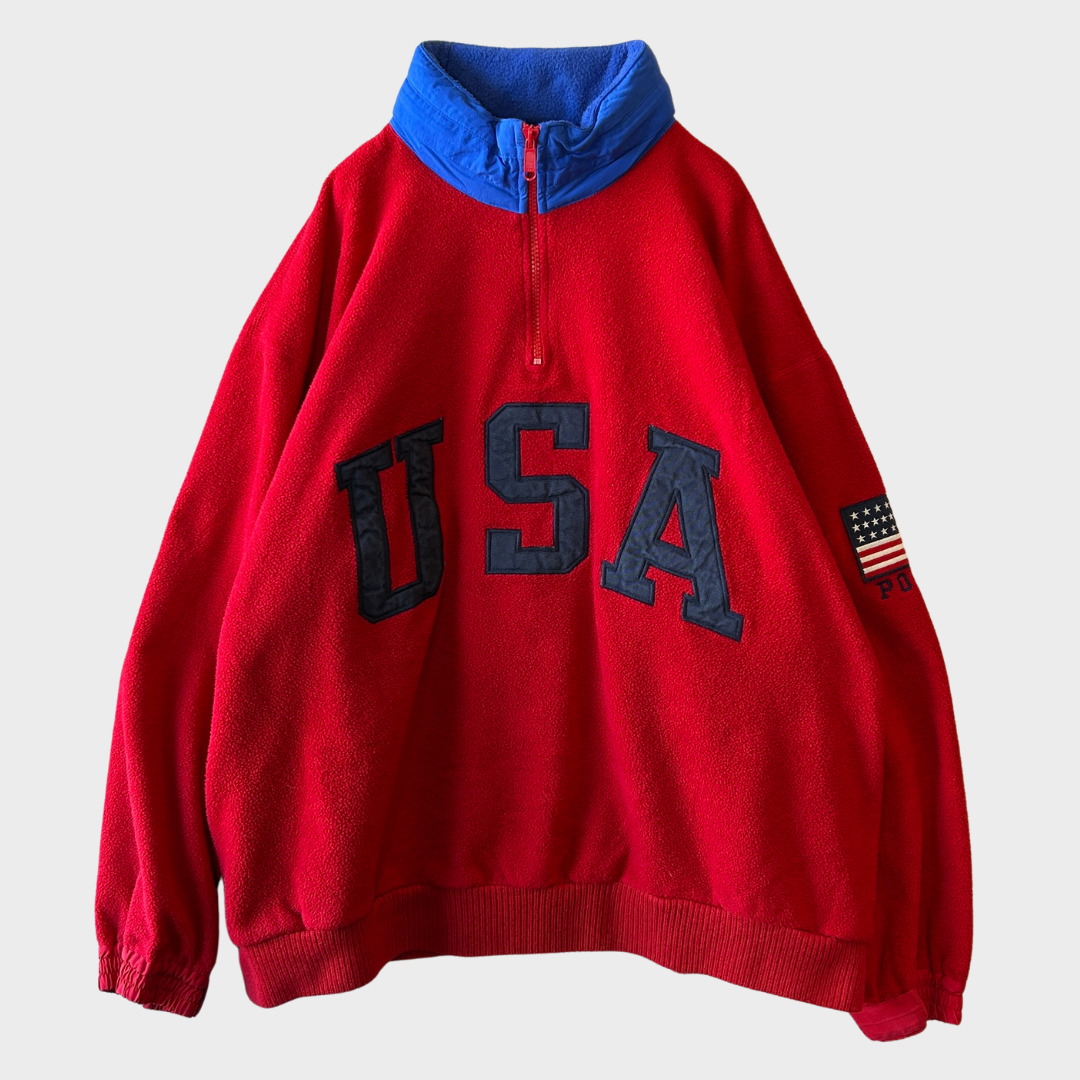 90's Ralph Lauren ラルフローレン USA刺繍 ハーフジップ プルオーバー フリースジャケット 赤 (L) /B1437O-SO