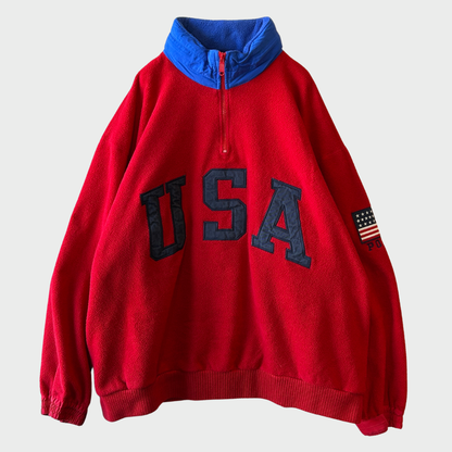 90's Ralph Lauren ラルフローレン USA刺繍 ハーフジップ プルオーバー フリースジャケット 赤 (L) /B1437O-SO