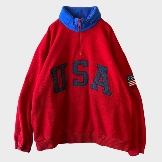 90's Ralph Lauren ラルフローレン USA刺繍 ハーフジップ プルオーバー フリースジャケット 赤 (L) /B1437O-SO