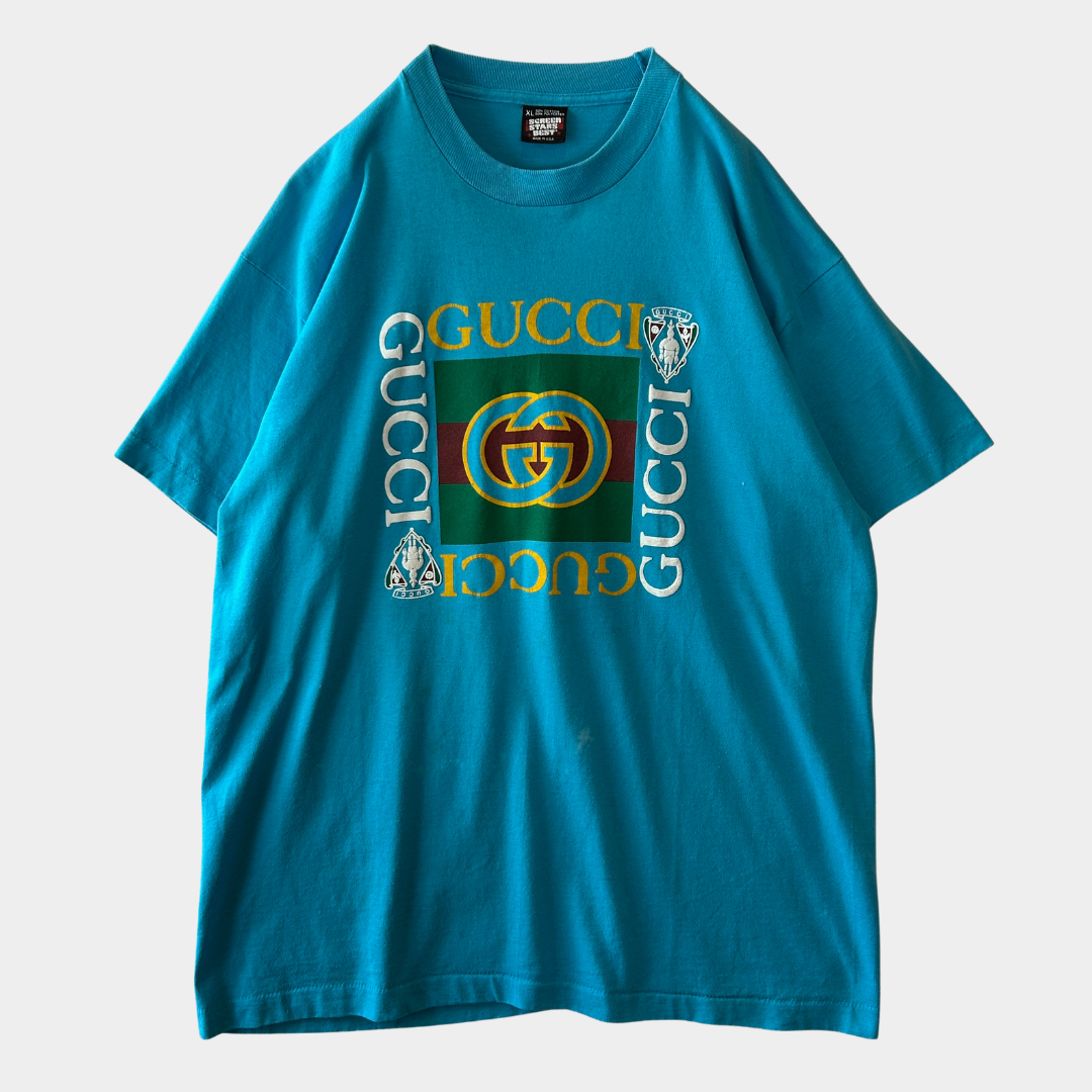 90's GUCCI グッチ ブートレグ ロゴTシャツ ターコイズブルー(XL)/C0863T-SO