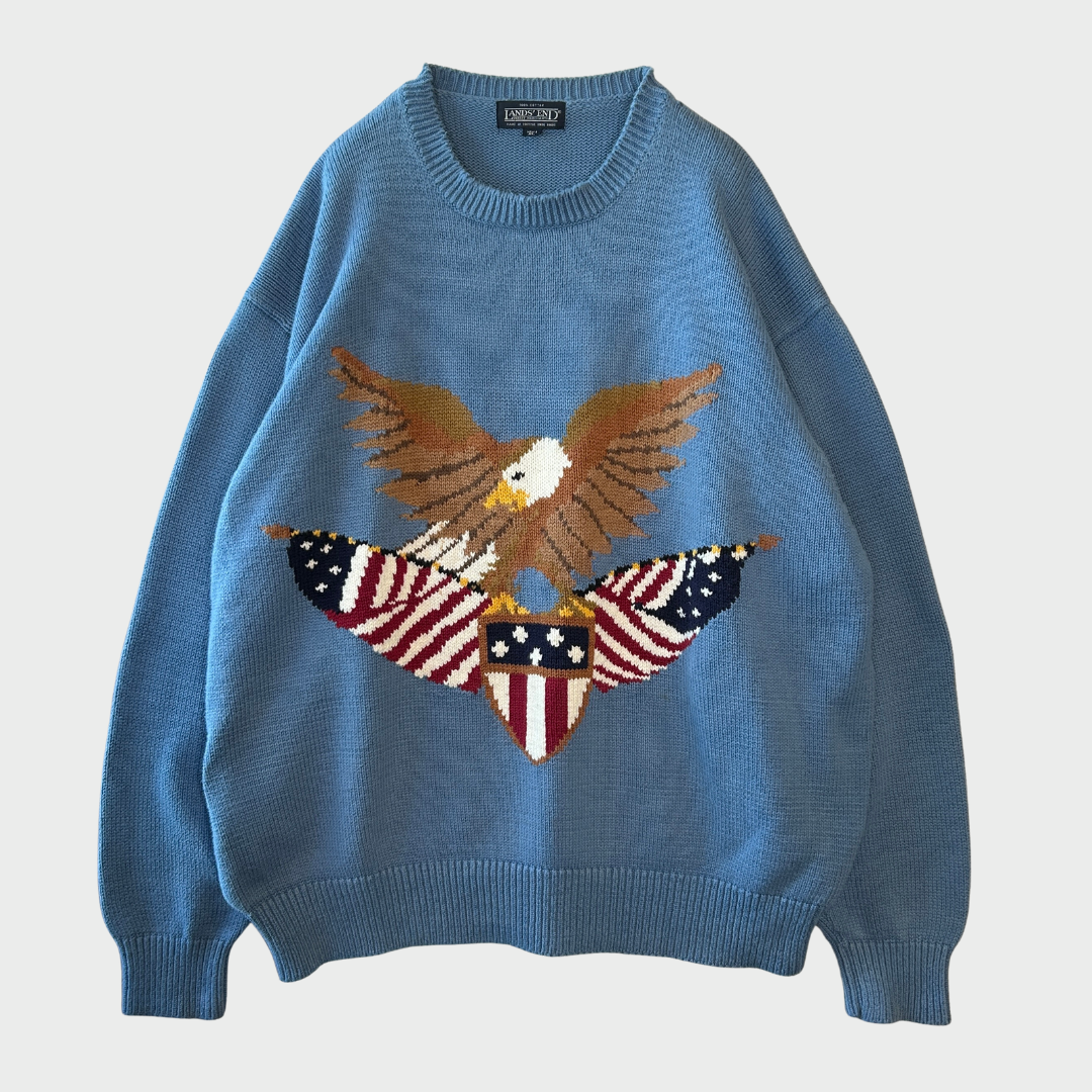 90's LANDS'END ランズエンド イーグル 星条旗  コットンニット 水色 (XL)/B3139K-SO