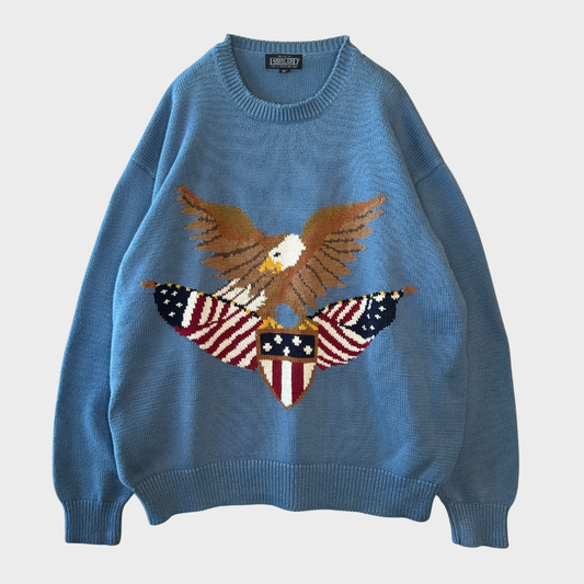 90's LANDS'END ランズエンド イーグル 星条旗  コットンニット 水色 (XL)/B3139K-SO