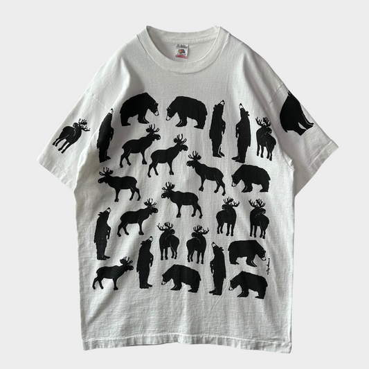 90's FRUIT OF THE LOOM ミシガン ラグ 熊・鹿 トナカイ アニマルTシャツ 白 (XL)/B1986T-SO