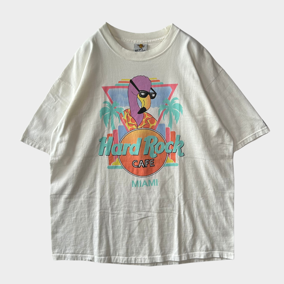 90's Hard Rock CAFE Miami フラミンゴ Tシャツ 白 (XL)/B2129T-SO