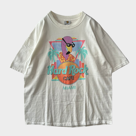 90's Hard Rock CAFE Miami フラミンゴ Tシャツ 白 (XL)/B2129T-SO