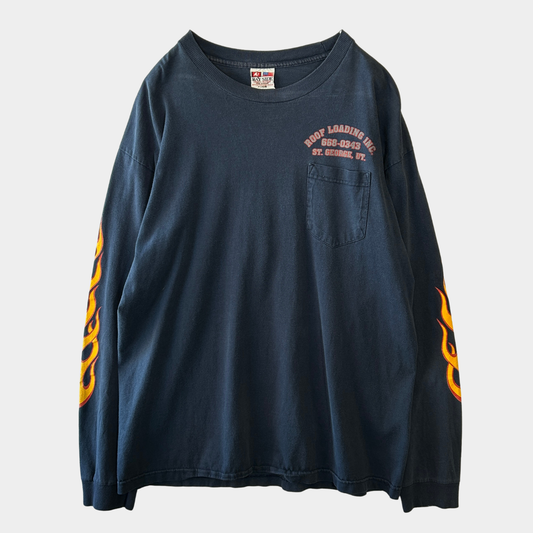 90's BAY SIDE 袖フレイムプリント ロンT USA製 ネイビー(XL)/A7027T-SO