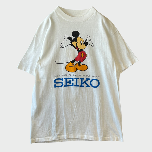 90's Hanes ヘインズ Disney×SEIKO ディズニーウォッチ ミッキー キャラクター 企業Tシャツ 白 (L) /A7525T-SO