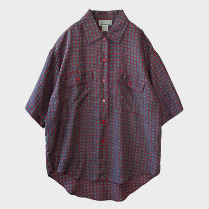 ９0's All Silks 100%シルク 半袖シャツ 総柄 赤紺 (M)/A7511S-SO