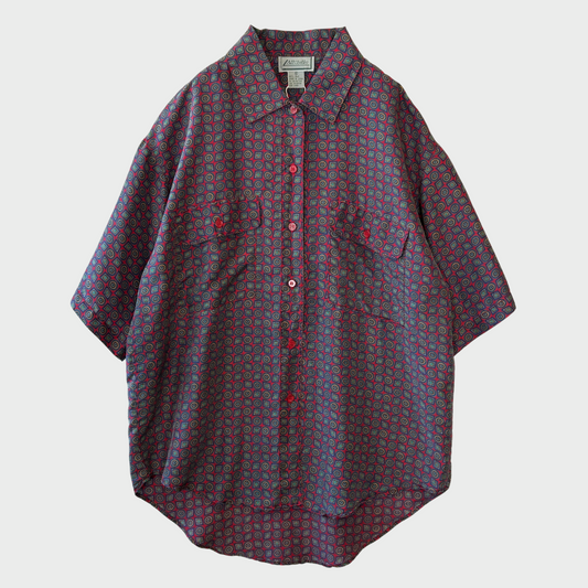 ９0's All Silks 100%シルク 半袖シャツ 総柄 赤紺 (M)/A7511S-SO