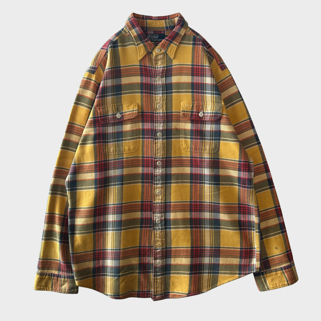 90's~ Polo by Ralph Lauren ラルフローレン フランネルチェックシャツ 黄赤紺 (XL)/A5663S-SO