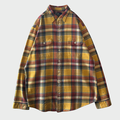 90's~ Polo by Ralph Lauren ラルフローレン フランネルチェックシャツ 黄赤紺 (XL)/A5663S-SO