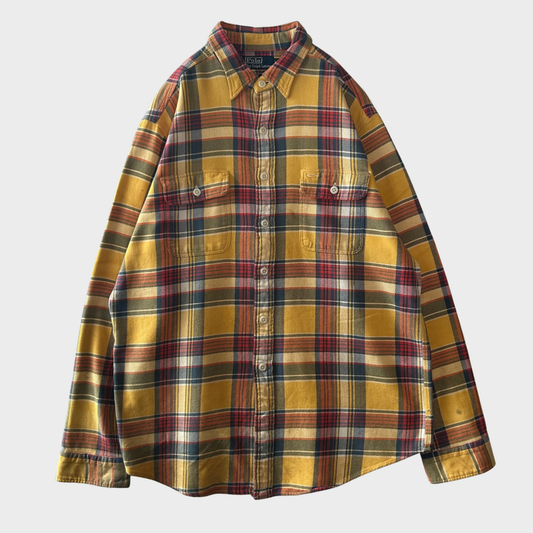 90's~ Polo by Ralph Lauren ラルフローレン フランネルチェックシャツ 黄赤紺 (XL)/A5663S-SO