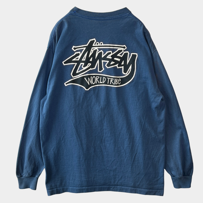 80's Old Stussy ステューシー World Tribe ロゴロンT ブルー 長袖 (L)/C0507T-SO