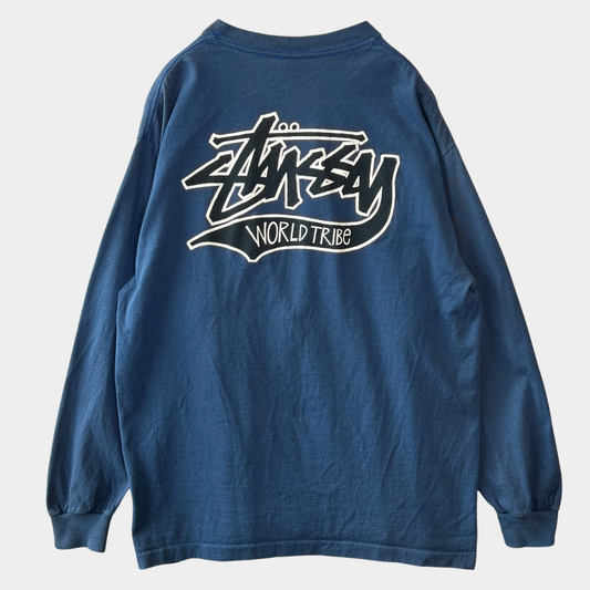 80's Old Stussy ステューシー World Tribe ロゴロンT ブルー 長袖 (L)/C0507T-SO