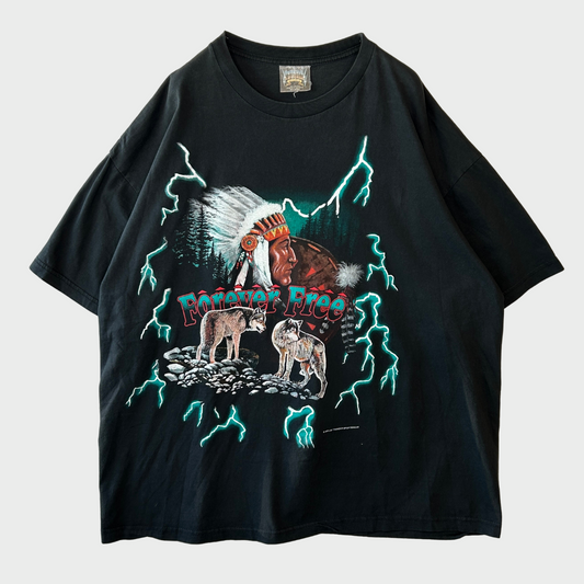 90's American Thunder Forever Free 狼 プリントTシャツ 黒 (2XL)/B2732T-SO