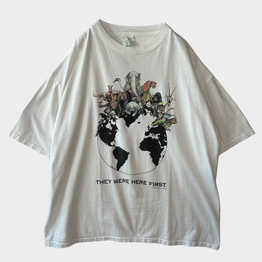 90's ECO SPORT THEY WERE HERE FIRST 地球 動物 アートTシャツ 白 (XXL)/B2015T-SO