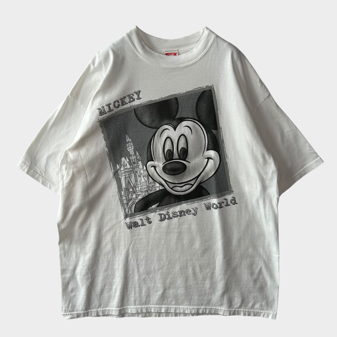 90's MICKEY INC Walt Disney World ラメ入りプリントTシャツ 白 (XL)/B2049T-SO