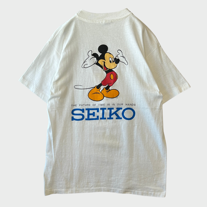 90's Hanes ヘインズ Disney×SEIKO ディズニーウォッチ ミッキー キャラクター 企業Tシャツ 白 (L) /A7525T-SO