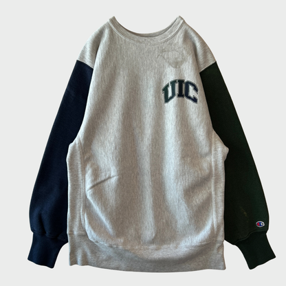 90's Champion Reverse Weave リバースウィーブ UIC 両面プリント カレッジスウェット クレイジーパターン (XL)/A8604R-SO