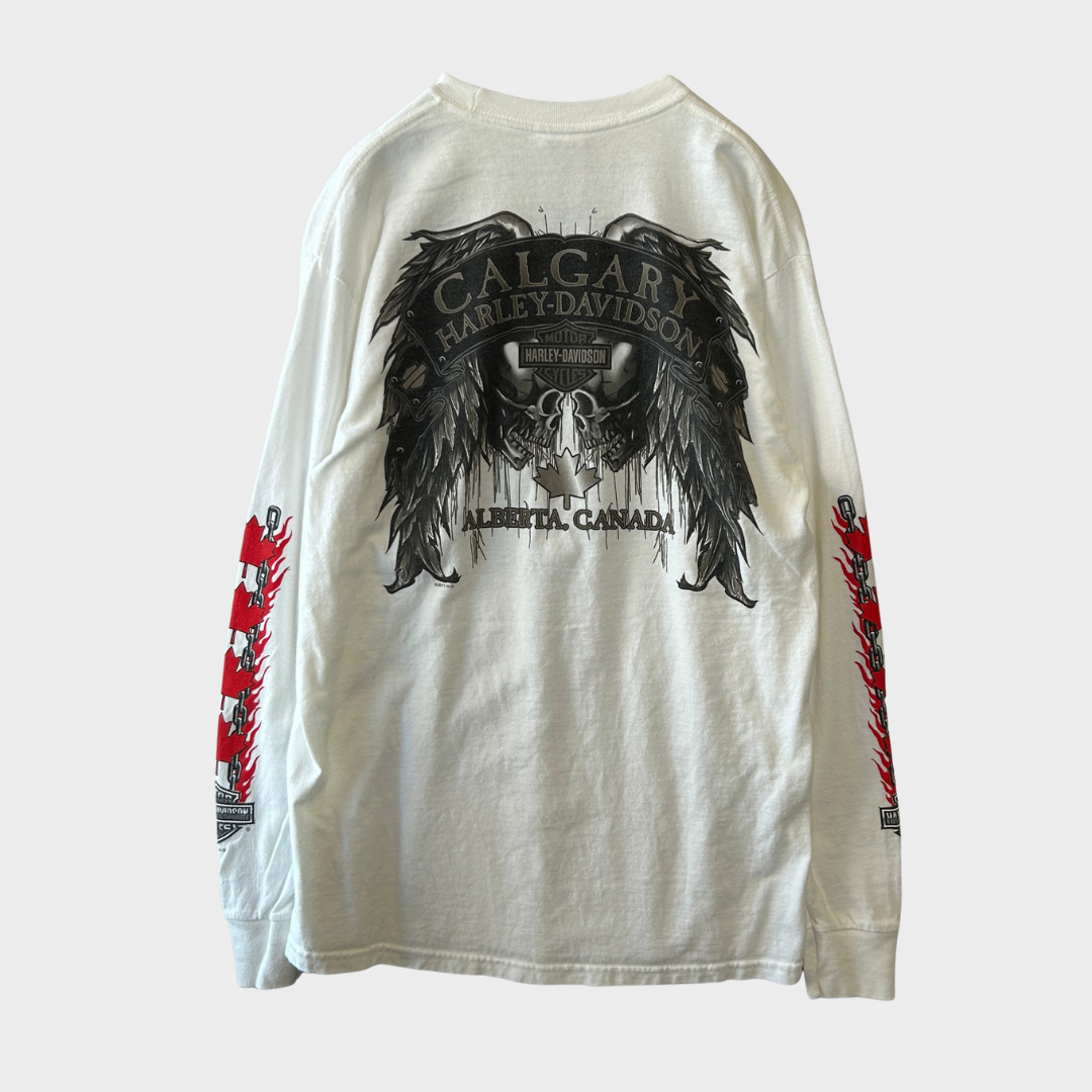 00's  HAREY-DAVIDSON 袖プリント ロンT 白 (M) /B3244T-SO