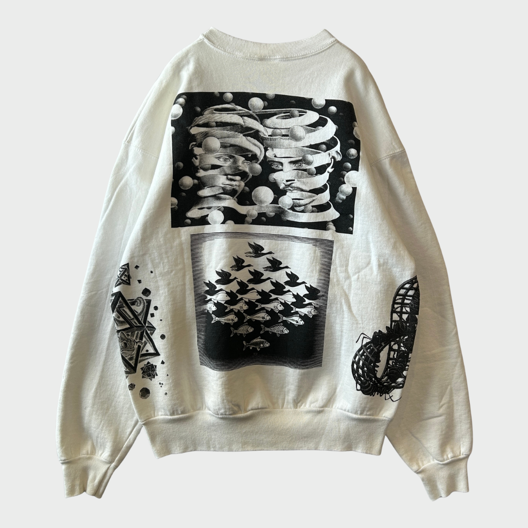 90's M.C.Escher エッシャー アート マルチプリントスウェット 白(XL)/C0188S-SO