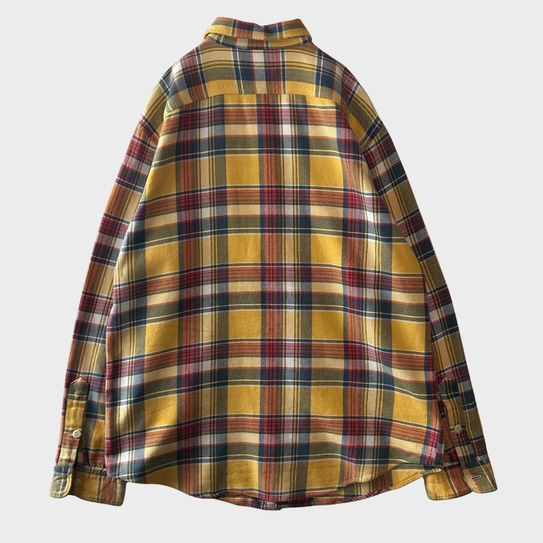 90's~ Polo by Ralph Lauren ラルフローレン フランネルチェックシャツ 黄赤紺 (XL)/A5663S-SO