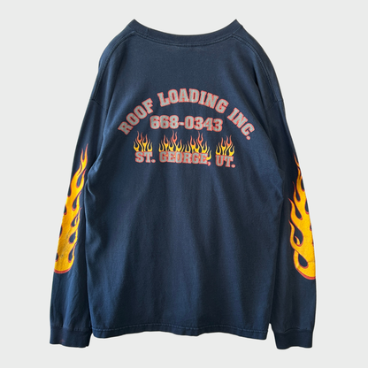 90's BAY SIDE 袖フレイムプリント ロンT USA製 ネイビー(XL)/A7027T-SO