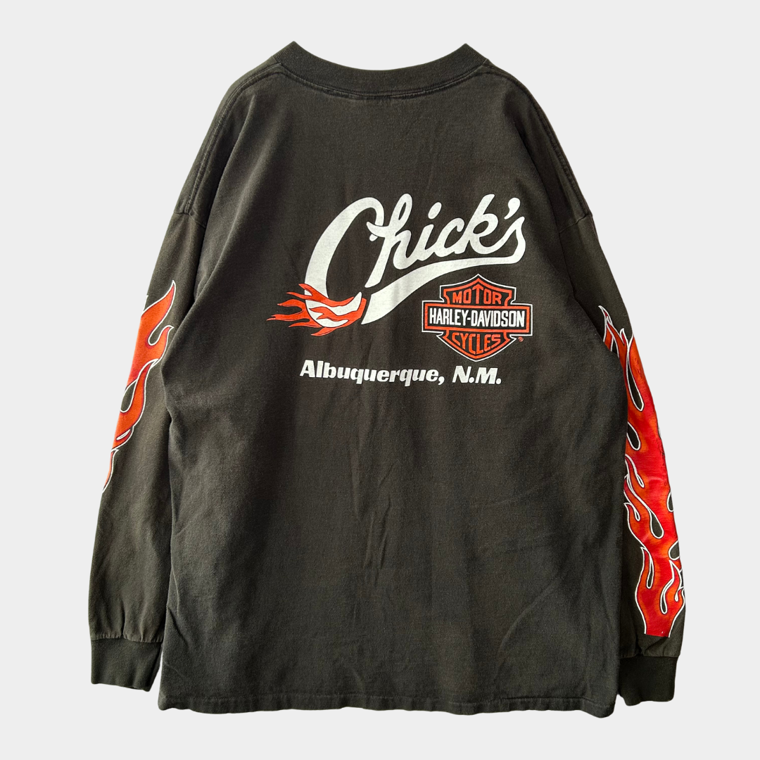 90's Harley-Davidson タイガー フレイムプリントロンT 黒(XL)/A7104T 90's Harley-Davidson タイガー フレイムプリントロンT 黒(XL)/A7104T
