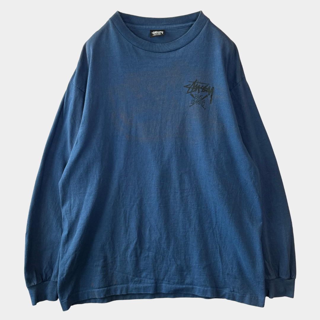 80's Old Stussy ステューシー World Tribe ロゴロンT ブルー 長袖 (L)/C0507T-SO