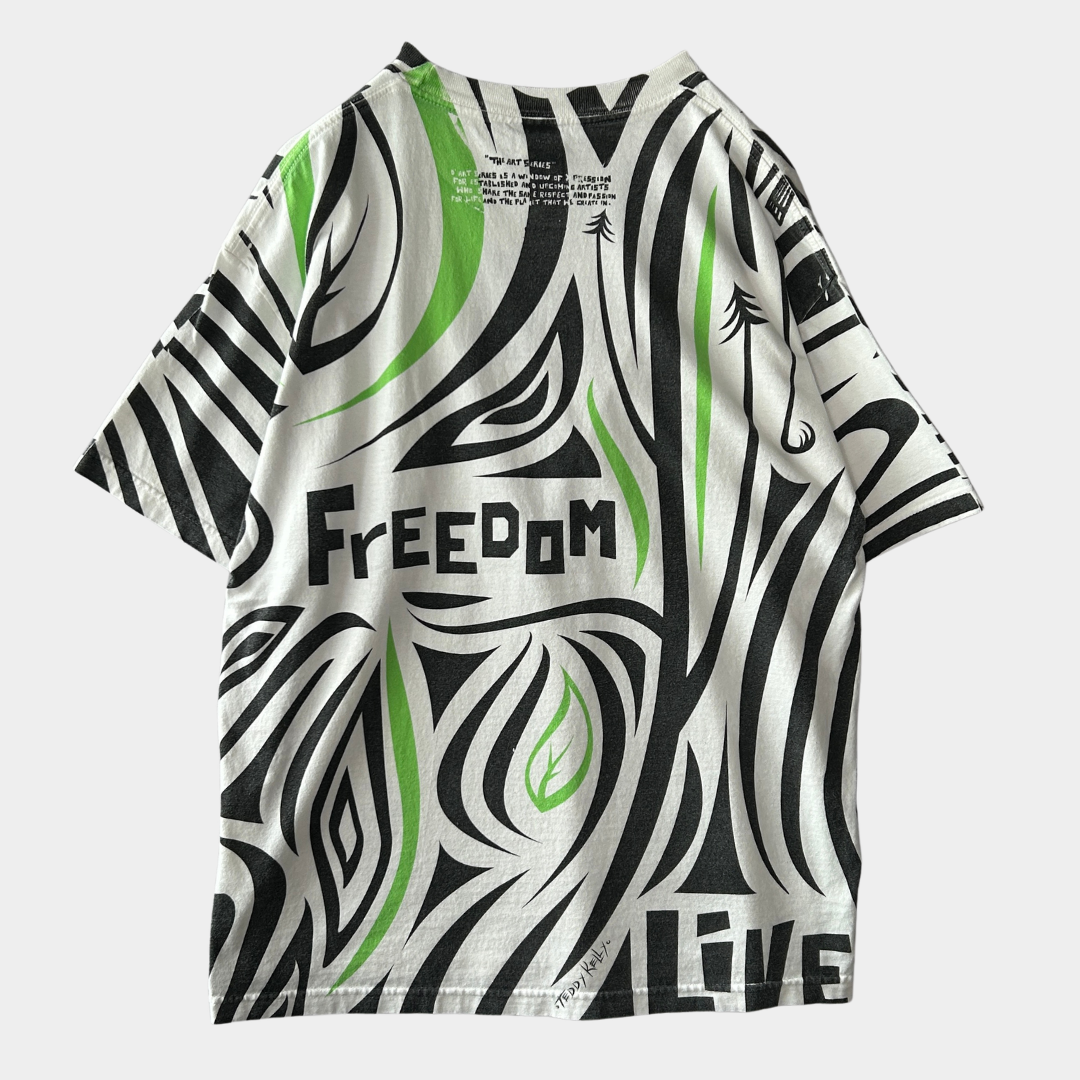 00's BLACK LABEL ブラックレーベル "FREE DOM " 総柄Tシャツ 白黒緑 (XL)/B2088T-SO