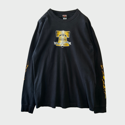 00's  HAREY-DAVIDSON ファイヤーパターン 袖プリント ロンT 黒 (XL) /B3246T-SO