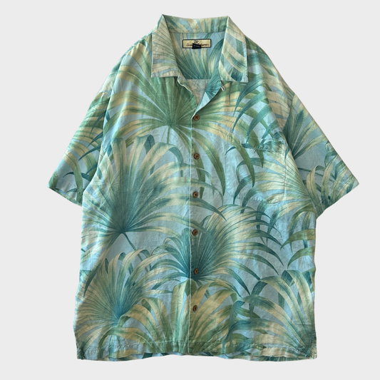Tommy Bahama ボタニカル柄 シルク オープンカラー アロハシャツ 水色 (L)/B3682SH-SO