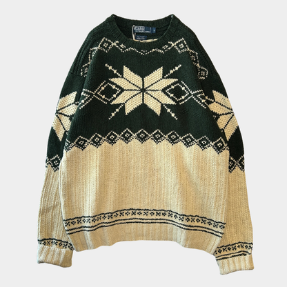90's Polo ラルフローレン"HAND KNIT"ノルディック柄 コットン/リネンニット グリーン/ベージュ(L)/B1728K-SO