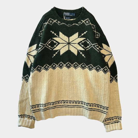90's Polo ラルフローレン"HAND KNIT"ノルディック柄 コットン/リネンニット グリーン/ベージュ(L)/B1728K-SO
