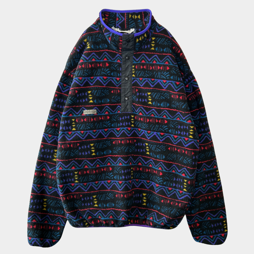 90's Columbia コロンビア 総柄フリースプルオーバー スナップT USA製 黒(XL)/9050O-SO
