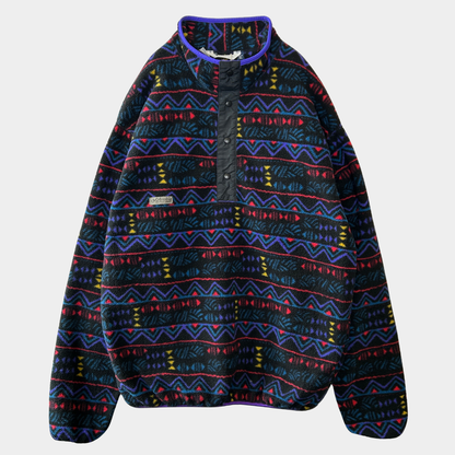 90's Columbia コロンビア 総柄フリースプルオーバー スナップT USA製 黒(XL)/9050O-SO