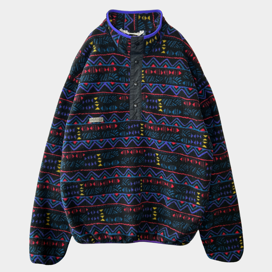 90's Columbia コロンビア 総柄フリースプルオーバー スナップT USA製 黒(XL)/9050O-SO