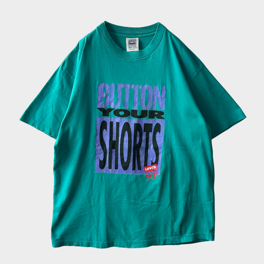 90's Levis 501 "BUTTON YOUR SHORTS" プリントT ターコイズグリーン (XL)/B2011T-SO