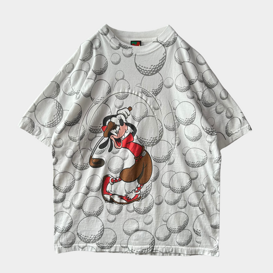 90's MICKEY UNLIMITED グーフィー ゴルフTシャツ ゴルフボール総柄 白(L)/B2166T-SO
