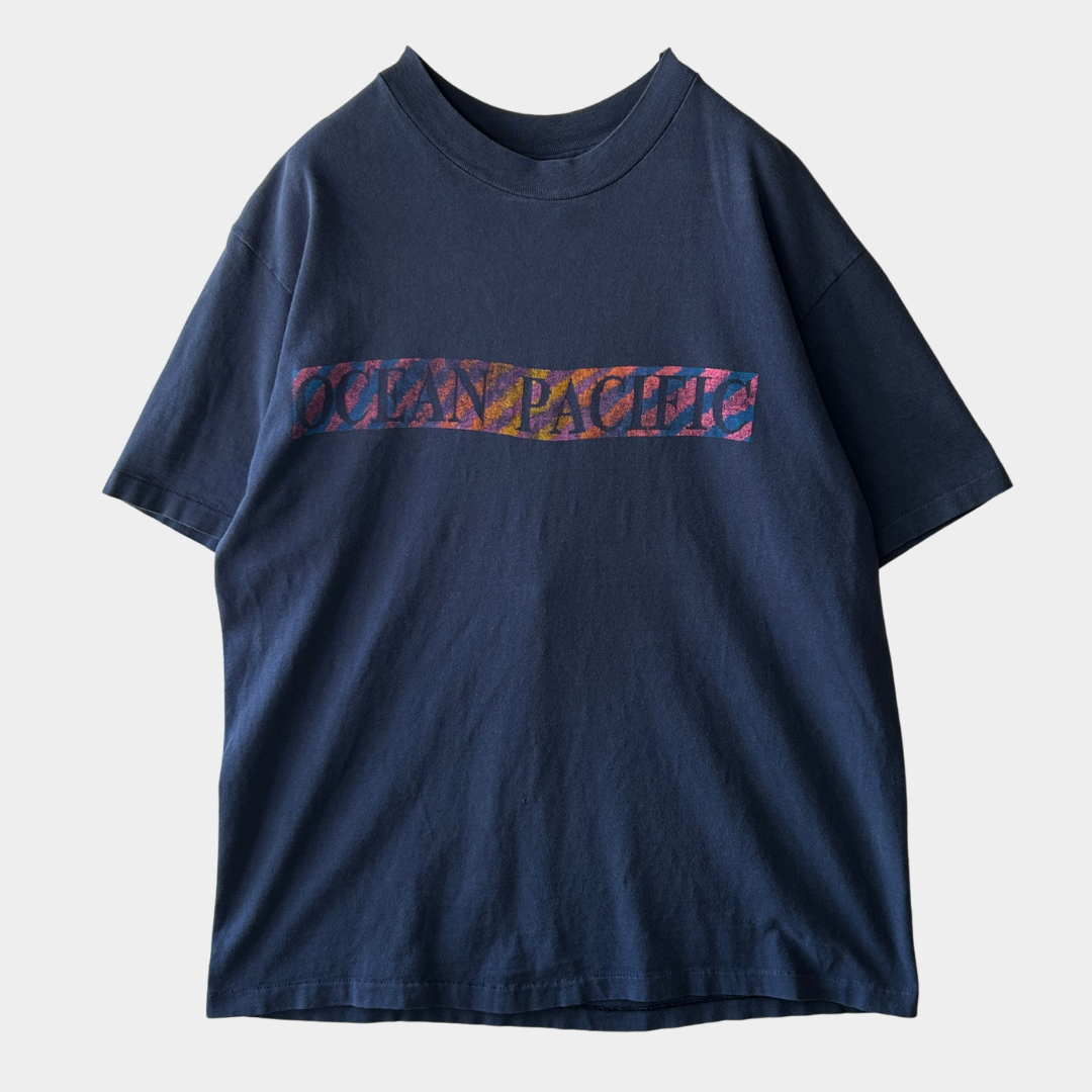 80's Ocean Pacific サーファー グラフィックTシャツ 紺 (L)/C1117T-SO