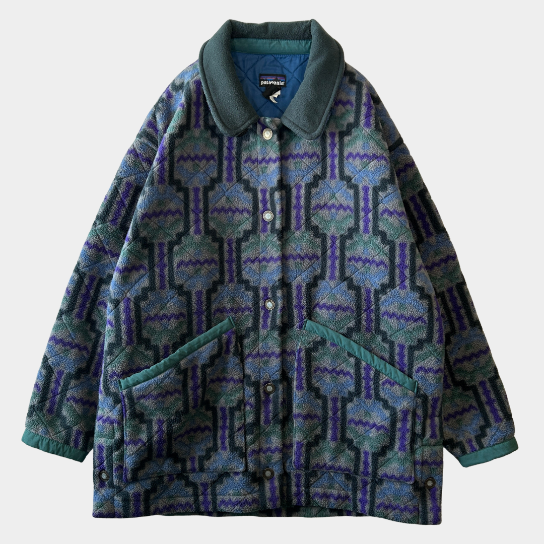 90's Patagonia パタゴニア 雪無し "TEHUELCHES"総柄 シャーリングコート フリース (S)/A9888F-SO